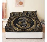 Bedding Lot de 3 Drap Housse Dragon Viking 160 x 200 cm Microfibre Poche Extra Profonde 30 cm Doux et Respirant Lavable en Machine Couleur Noire Couleur DoréE Drap-Housse