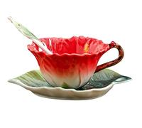 Beddinginn Tasses à thé et soucoupes colorées, motif fleur d'hibiscus avec cuillère et service à thé fabriqué à la main en porcelaine (1 x 170 g)