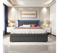 bedDouble storage bed LED lighting with 1 drawer storage function with drawer at the end of the bed with USB charging quick assembly linen metal bed frame classic adult suitable for bedroom S8t3U5