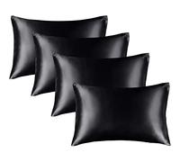 BEDELITE Lot de 4 taies d'oreiller en Satin de Soie pour Les Cheveux et la Peau, taies d'oreiller Standard Super Douces avec Fermeture à Rabat (50,8 x 66 cm), Noir