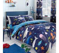 Bedlam - Housse de Couette Animaux Marins phosphorescents - 200 x 200 cm - 2 taies d'oreiller - Réversible - Literie Enfants Requin, Poisson et Baleine - Housse de Couette sur Le thème de l'océan