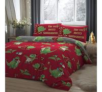 Bedlam - Housse de Couette Dinosaure de Noël - Lit Double (200 x 200 cm) - Réversible (2 Couleurs) - 2 taies d'oreiller incluses - Santasaurus Cartoon Housse de Couette de Noël pour Enfant