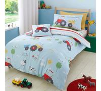 Bedlam - Housse de Couette Farmer Truck - 200 x 140 cm - 1 taie d'oreiller - Motifs réversibles - Housse de Couette Animaux de la Ferme et Tracteur de Chantier - Parure de lit Bleue pour Enfants
