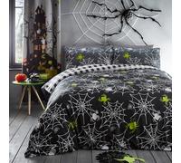 Bedlam - Housse de Couette Halloween Araignées - Taille Lit Simple (140 x 200cm) - Réversible (2 Designs) - Carreaux Noirs - Housse Lumineuse - Toiles d'Araignées Gris - Linge de Lit Halloween