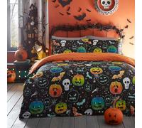 Bedlam - Housse de couette Halloween citrouille et crânes - Lit double (200 x 200 cm) - Réversible (2 motifs) - Housse de couette phosphorescente - Housse de couette squelette et chauve-souris en noir