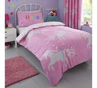 Bedlam - Housse de Couette Licorne Rose phosphorescente - 200 x 140 cm - 1 taie d'oreiller - Motifs réversibles - Literie étoile et cœur pour Filles - Literie Licorne en Simple - Literie Rose