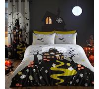 Bedlam - Housse de Couette Maison Hantée Halloween - Taille Lit Double (200 x 200cm) - Housse Lumineuse - Manoir Hanté - Décoration Halloween - Rideaux Assortis Disponibles, Gris