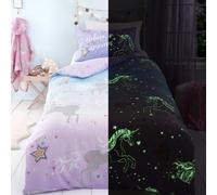 Bedlam Parure de lit licorne phosphorescente - Lit simple 140 x 200 cm - Motif étoile magique et licorne - Rose Lilas avec taie d'oreiller