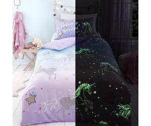 Bedlam Parure de lit licorne phosphorescente - Lit simple 140 x 200 cm - Motif étoile magique et licorne - Rose Lilas avec taie d'oreiller
