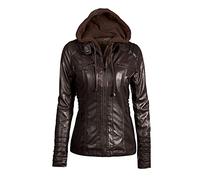 BEDSETS Blouson Faux Cuir - Manches longues - Femme Fille Blousons En Simili Cuir Fermeture Éclair Motard Hooded Tops Manteau à Capuche Court Moto Veste Jacket (Dark brown,2XL)
