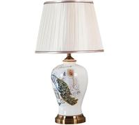 Bedside Lamp Chinese Style Ceramic Table, Nightstand Lamps,Painted Peacock Desk with Barrel Fabric Lampshade for Bedroom