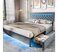 BedsPick Cadre de lit Queen Size avec lumières LED, Cadre de lit Plateforme rembourré en Velours avec 4 tiroirs de Rangement et tête de lit réglable, Pas Besoin de sommier tapissier, sans Bruit, Gris