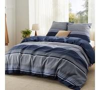 Bedsure Housse de Couette 200x200 cm - Parure Réversible en Polyester Oeko-TEX - Set de Literie 3 Pièces Housse de Couette 140x200 + 2 Taies d'oreiller 65x65 cm avec Fermeture Éclair, Rayures Bleu