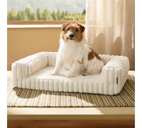 Bedsure Panier Chien Orthopédique Moyen - 76x51x16,5cm Canapé avec Rebords en Mousse à Mémoire de Forme Alvéolée, Imperméable, Antidérapant, Housse Velours Côtelé Déhoussable, Crème