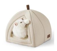 Bedsure Panier pour Chat Grande Tanière - 40 x 40 x 40 cm Maison d'Intérieur Niche Chat avec Coussin Sherpa Amovible et Jouet Suspendu, Panier Lavable, Beige