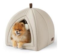Bedsure Panier pour Chat Grande Tanière - 44 x 44 x 44 cm Maison d'Intérieur Niche Chat avec Coussin Sherpa Amovible et Jouet Suspendu, Panier Lavable, Beige