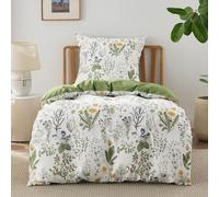 BEDSURE Parure de lit 135x200 Coton Vert - Ensemble de literie 135 x 200 cm Housse de couette 2 pièces avec taie d'oreiller 80x80 cm, Parure de lit réversible Salvia Vert Fleurs Motif avec Fermeture