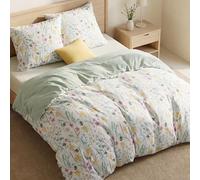 Bedsure Parure de lit 155x220 3 pièces - Ensemble de literie 155 x 220 cm avec 2 taies d'oreiller 80x80 cm, housse de couette réversible OEKO-TEX motif vert fleurs plantes pour lit simple avec
