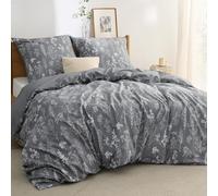 BEDSURE Parure de lit 155x220 en coton gris - Ensemble de literie 155 x 220 cm avec 1 housse de couette et 2 taies d'oreiller 80x80 cm, housse de couette réversible OEKO-TEX avec motif de plantes et