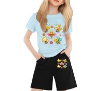 Bee Happy Festival Ensemble haut à manches courtes et short pour fille avec inscription It's My Bee Day Adorable t-shirt et short en coton imprimé abeille mignonne (1-Bleu clair, 6-7 ans)