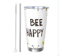 Bee Happy Gobelet isotherme en acier inoxydable avec paille et couvercle pour boissons chaudes et froides en forme d'abeille mignonne de 591 ml