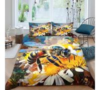 Bee on fleur Parure de Lit Microfibre résistante 3 pièces 3D Effet Confortable Artistique peinture style Housse de Couette avec Fermeture Éclair Respirante for Garçons Filles Single（135x200cm）