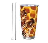 Bee On Gobelet en forme de nid d'abeille avec couvercle et paille en acier inoxydable pour boissons chaudes et froides, double paroi isotherme, tasse à café de voyage, réutilisable, cadeau