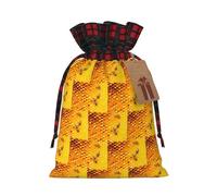 Bee On Honeycomb Sac de Noël avec cordon de serrage et étiquette en papier kraft pour Halloween 12 x 17 cm
