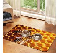 Bee On Honeycomb Tapis d'alimentation pour animal domestique 40 x 60 cm, tapis absorbant pour gamelle de nourriture et d'eau, tapis de nourriture pour chat en cuir synthétique, tapis imperméable à