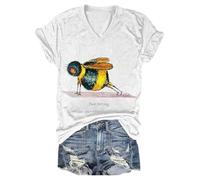 Bee Strong T-shirt amusant à col en V en coton pour femme, Blanc., M
