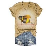 Bee Strong T-shirt drôle d'abeilles à col en V en coton pour femme, kaki, M