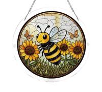 Bee Window Suncatcher 7.48in Hanging Stained Glass Style Round Ornament Dec