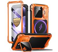Beeasy Coque pour iPhone 17E/16E Métal avec MagSafe, Verre Trempé 9H Protection Écran et Caméra Support Intégré, 360 Intégrale Antichoc Militaire Incassable Robuste Résistante Armor Étui, Orange