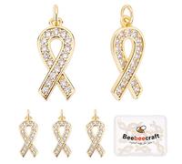 Beebeecraft 1 Boîte 10Pcs Ruban Awareness Charms Plaqué Or 18K Cancer du Sein Espoir Charme Pendentifs avec Cubic Zirconia et Anneaux de Saut Boucle d'oreille Bracelet Collier Fabrication