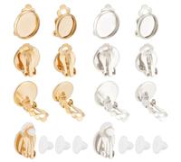 Beebeecraft 1 boîte de 12 Boucles d'oreilles à Clips en Laiton Plaqué Or 24 carats et Argent Sterling 2 Styles avec Plateau Rond Plat Composants de Boucles d'oreilles Non Perçantes Accessoires DIY