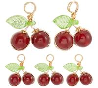 Beebeecraft 1 boîte de 32 breloques Cerises Rouges en Cornaline Natur Rondes Enveloppées de Fil de Cuivre Mini Breloques Mignonnes en Forme de Fruit avec Feuilles en Acrylique pour Bracelets Colliers