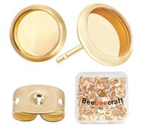 Beebeecraft 1 boîte de 50 plateaux de Boucles D'Oreilles Acier inoxydable Vierges Ronds Cabochons Paramètres de Tige de Boucles D'Oreilles avec Plateau de 10 mm et 50 fermoirs Boucles D'Oreilles