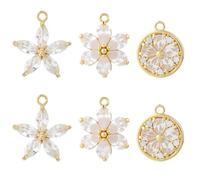 Beebeecraft 1 boîte de 6 Breloques en Forme de Fleur de Pêcher en Laiton Plaqué Or 18 carats 3 Styles Rondes à Cinq et Six Pétales pour la Fabrication de Bijoux et de Boucles d'oreilles