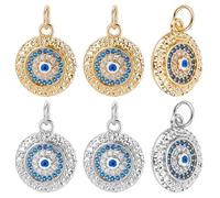 Beebeecraft 1 boîte de 6 breloques Œil Maléfique en Laiton Plaqué Or 18 carats et Platine en Oxyde de Zirconium Bleu Clair Rondes et Plates pour la Fabrication de Bijoux Colliers Bracelets et Boucles