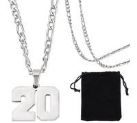 Beebeecraft 1 boîte Numéro 20 Pendentif Athlète Collier Chaîne Figaro Acier Inoxydable Argent Personnalisé Numéros de Sport Chaînes Colliers pour Hommes Femmes Baseball Football Équipe Sports