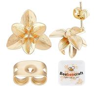 Beebeecraft 1 Box Mit 14 Blumen-Ohrsteckern, 18 Karat Vergoldet, Dreidimensionale Blumen-Ohrringpfosten Mit Schlaufe Und Ohrring-Verschlüssen Für Die Schmuckherstellung