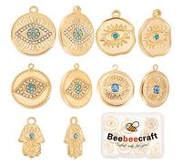 Beebeecraft 10 pièces 5 Breloques Mauvais Œil en Acier Inoxydable Plaqué Or 18K Hamsa Main Irrégulière Plat Rond Strass Pendentifs Breloques pour Boucle d'oreille Collier