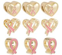 Beebeecraft 12 pièce de Perles en Ruban Rose 3 styles pour la Sensibilisation au Cancer du Sein en Émail Plaqué Or 18 carats en Forme de Cœur à Grand Trou pour la Fabrication de Bijoux et