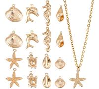 Beebeecraft 16 pièce 8 Styles de Breloques sur Le Thème de L'Océan Plaquées Or 18K Coquillage Étoile de Mer Dauphin Hippocampe Tortue Conque Idéales pour la Création de Bijoux Bracelets Colliers