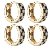Beebeecraft 2 paire de Boucles D'Oreilles Créoles en Forme de Damier Véritable Plaqué Or 18 carats pour Cartilage Rond avec Grille en Émail Noir et Blanc pour Femme
