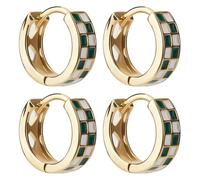 Beebeecraft 2 paires de Boucles D'Oreilles Créoles en Damier Véritable Plaqué Or 18K Grille en Émail Vert et Blanc Boucles D'Oreilles Rondes Géométriques pour Femmes Boucle D'Oreille
