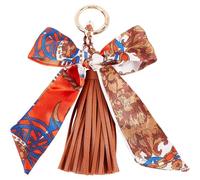 Beebeecraft 2 porte Clés avec Pompon et Nœud en Ruban de Soie de Sienne Breloque pour Sac à Main Décoration pour Femmes et Filles