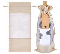 Beebeecraft 2 Sac à Vin en Toile de Jute de 14.5x6.5cm avec Étiquette Fenêtre Visible Cordon de Serrage Pochette Cadeau pour Bouteille de Vin Pochettes en Jute pour Champagne Whisky Sac de Rangement