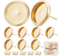 Beebeecraft 20 Pièces Cabochon Boucles d'oreilles 12mm avec 20 Pièces Écrou d'oreille 18K Plaqué Or 304 Acier Inoxydable Plat Rond Tasse Blanc Bordure Blanc Boucles d'oreilles pour la Fabrication