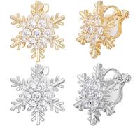 Beebeecraft 4 pièce 2 couleurs Boucles D'Oreilles à Clip en Forme de Flocon de Neige en Oxyde de Zirconium en Forme de Fleur de Flocon de Neige Boucle D'Oreille Non Perçante pour Femmes